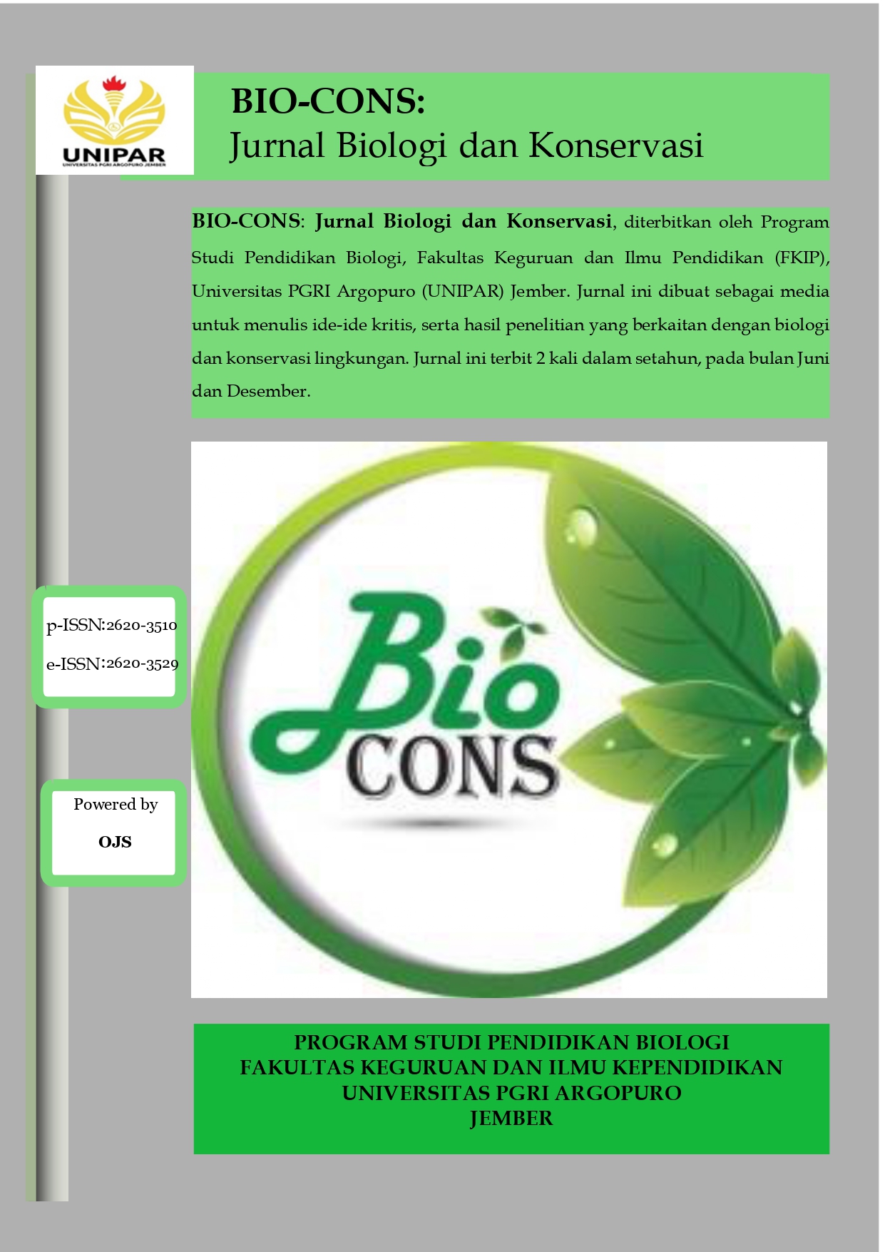 					View Vol. 5 No. 2 (2023): Jurnal Biologi dan Konservasi
				